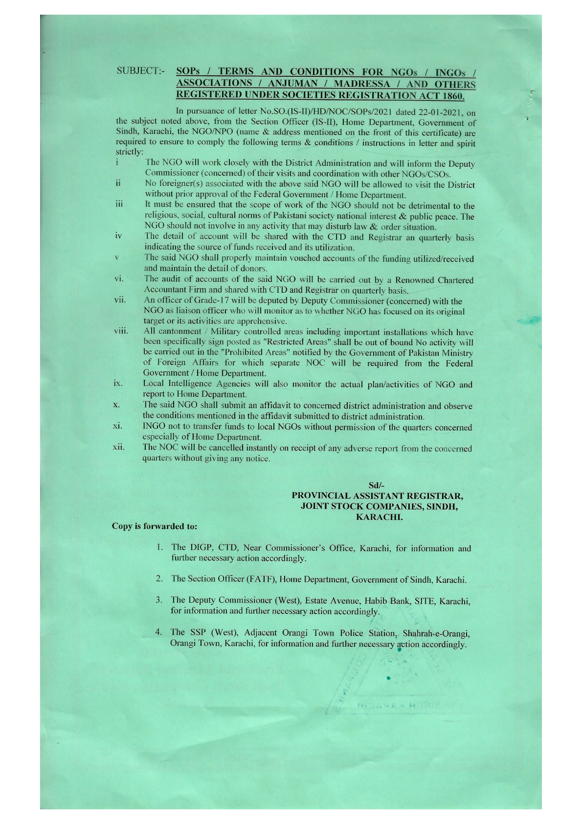 Sindh Home Department NOC Clearance Certificate