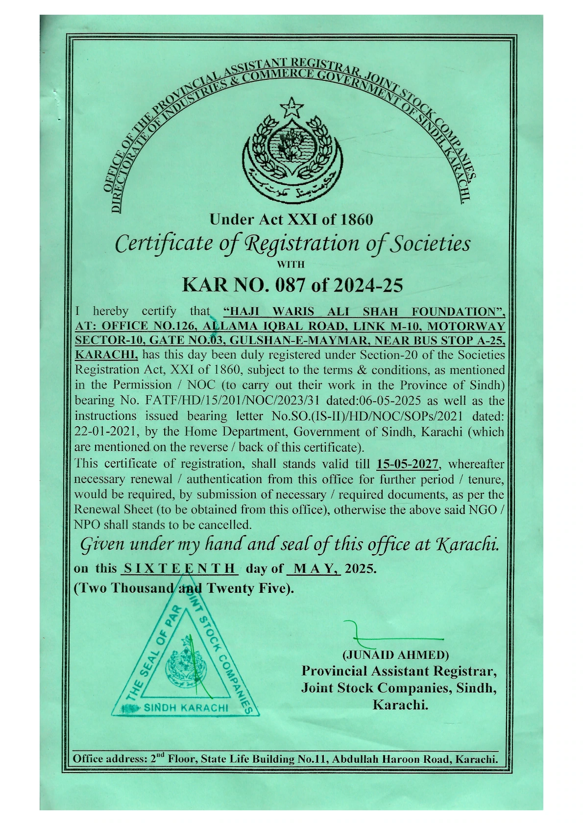 Certificate of Registration - Act XXI of 1860