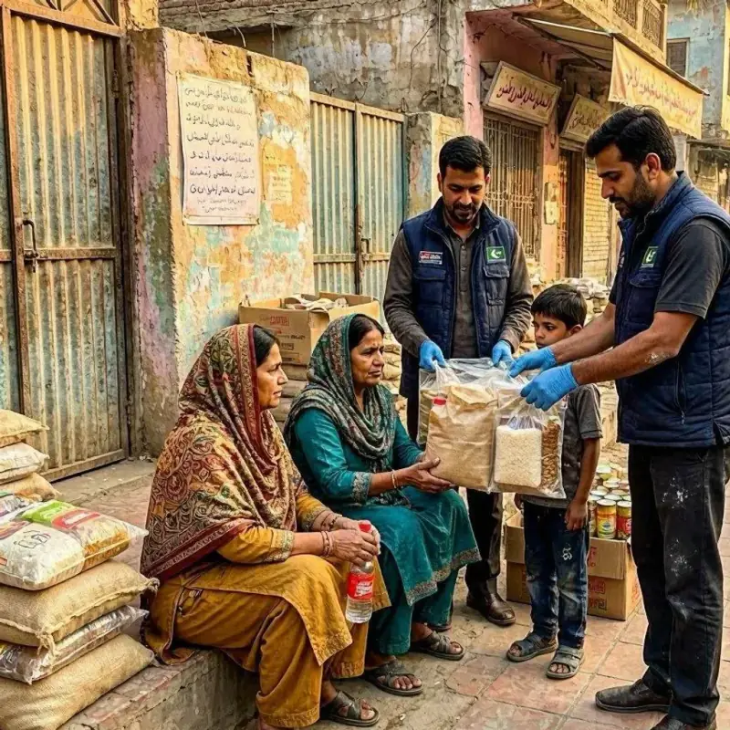 Pakistani charity volunteers distributing food ration bags to poor families